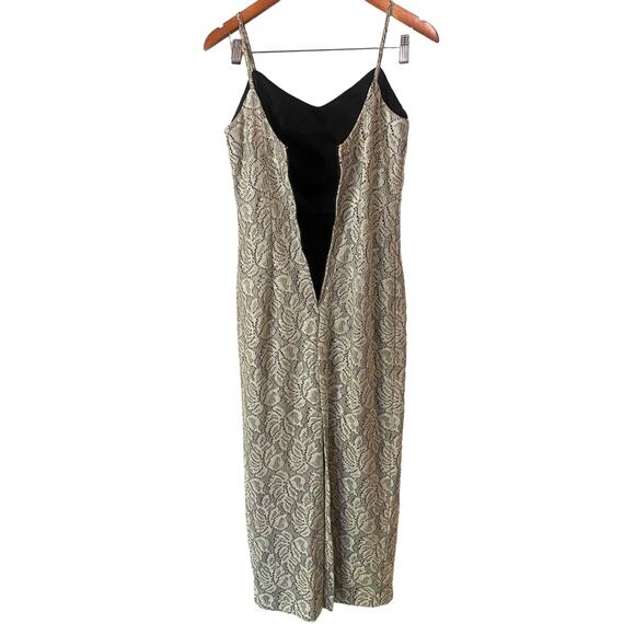 Vintage Formal Midi Dress US 7/8 Floral Silver Beige Bodycon Gown Classic Glam - Picture 5 of 10